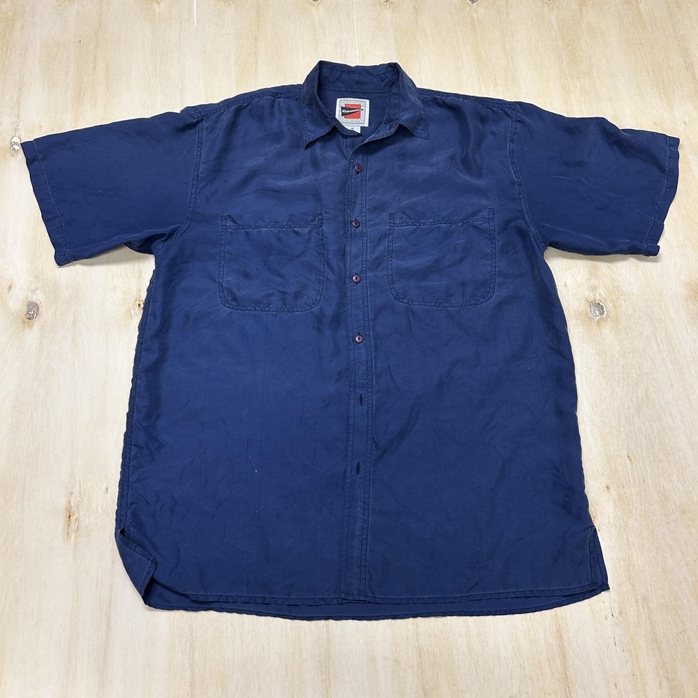 Vintage Reputation Shirt Mens Medium Blue Solid Short Sleeve Button Up Silk
